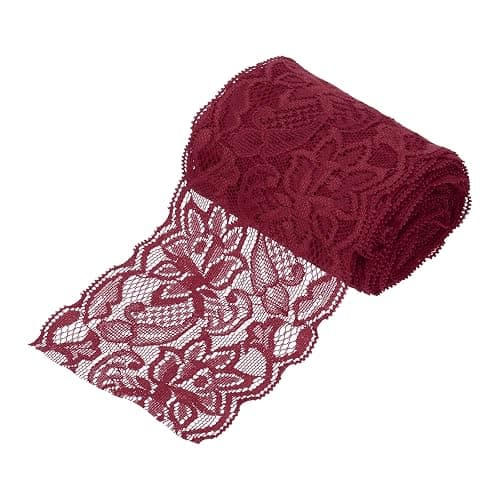 MECCANIXITY 3 Inch Wide 5 Yard Elastic Lace Ribbon Floral Pattern Dark Red Stretch Lace Trim Embroidered Fabric for Sewing Making, and DIY Crafts, Gift Wrapping, Bouquets, Wedding Decor - Image 1