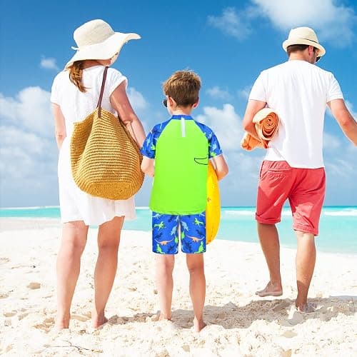 Boys Two Piece Rash Guard Swimsuits Kids Short Sleeve Swimwear Sets Bathing Suit with Sun Hat for 2-6 Years thumbnail 2