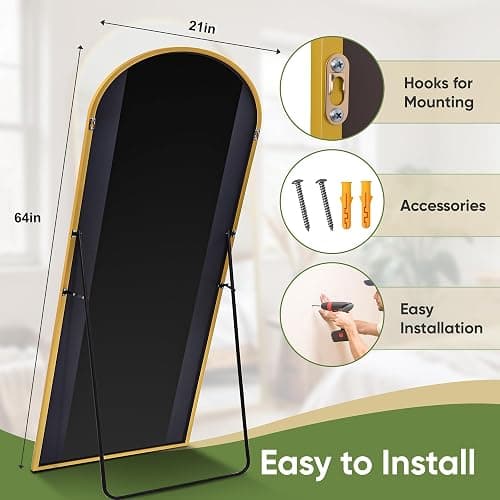 Furnbar Full Length Mirror, 64"x21" Arched Full Body Mirror, Floor Mirrors with Stand, Standing Hanging Leaning Against Wall,Aluminum Frame Mirrors for Bedroom Cloakroom,Living Room,Gold thumbnail 2