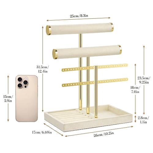bussdis 3 Tier Bracelet Holder Display - Detachable T Bar Beige Velvet Bracelet Holder, Jewelry Holder Organizer for Bracelet, Necklace, Earrings, Rings thumbnail 3