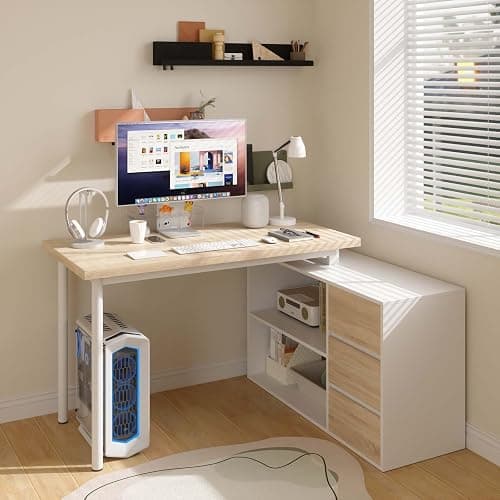 Bobve L Shaped Computer Desk, 47 Inch Home Office Desk with File Drawers & Storage Shelves, Small Corner Computer Desk for Small Space (White + Walnut) thumbnail 3