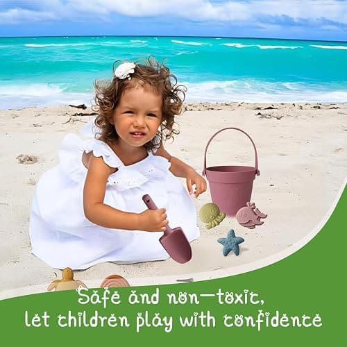 JasCherry Beach Toys for Kids, 10Pcs Silicone Beach Toy Set, Collapsible Beach Bucket, Spade, CrabTurtle Starfish Sand Molds for Beach Party Camping Fun Summer Activities Christmas (A) thumbnail 7