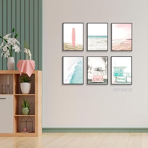 mifyuibytr Set of 6 Beach Canvas Wall Art, 12x16in Tropical Summer Ocean Coastal Posters, Preppy Gallery Beach Prints, Girly Nautical Surfboard Bus Room Decor, California Beachy Pictures Unframed thumbnail 5