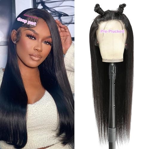 TTSMINS 13x6 Lace Front Wigs Human Hair for Women 180 Density HD Transparent 28 Inch Straight Lace Front Wigs Human Hair Pre Plucked Glueless Lace Frontal Wigs Natural Black Color thumbnail 7