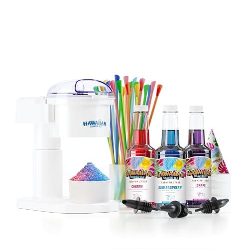 Hawaiian Shaved Ice S700 Kid-Friendly Snow Cone Machine Kit with 3-16oz. Syrup Flavors: Cherry, Grape, and Blue Raspberry, Plus 25 Snow Cone Cups, 25 Spoon Straws, and 3 Black Bottle Pourers - Image 1