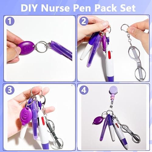 6 Pcs Nurse Badge Accessories Nurse Pen Pack Set Including Retractable Badge Reel Clip, Mini Highlighter, Permanent Marker, Ballpoint Pen, LED Keychain Flashlight, Folding Scissors for Nurse, Purple - Purple thumbnail 4