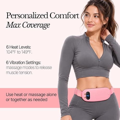 Portable Heating Pad for Period Cramps: 6 Heat Levels & 6 Massage - Cordless Electric 3s Fast Heating Belly Wrap Belt for Menstrual, Back Pain Relief - A Gift for Women Girls Her Pink thumbnail 6