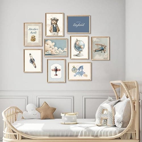 Teddy Bear Nursery Wall Art Decor Baby Boys Room Canvas Poster Vintage Nursery Wall Decor Navy Blue Kids Room Prints Airplane Pictures Travel Bear Painting Artwork for Bedroom 12x16x9 Inch Unframed thumbnail 5