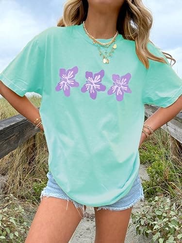 Oversized Graphic Shirt for Teens Girl Y2K Ocean Floral Short Sleeve Baggy Tee Shirts Vintage Aesthetic Coastal Tops thumbnail 4