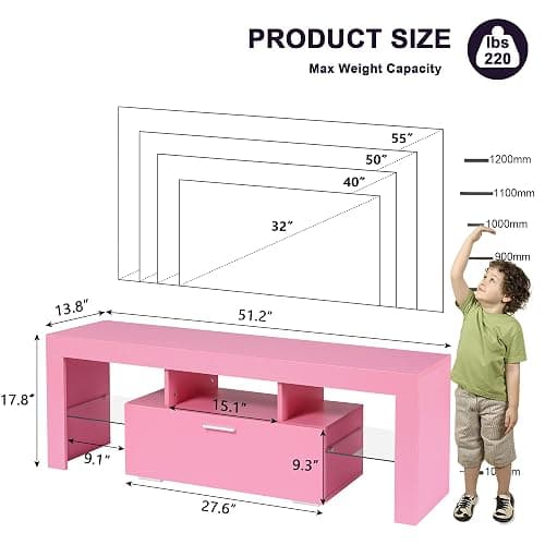 Clikuutory Modern Lighting 51 inch TV Stand with Large Storage Drawer for 32 40 50 55 Inch TVs, TV Console with 20 Color LED Lights, Entertainment Center Media and Open Shelf for Bedroom, Pink thumbnail 3