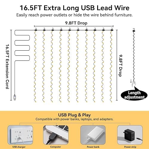 ZSJWL 300 LED Curtain Fairy Lights with Remote, 9.8 × 9.8 Ft, USB Plug in | 8 Modes, Waterproof, Twinkle Silver Wire, String Lights for Bedroom, Windows, Christmas, Wedding and Party Decor, Warm White thumbnail 6