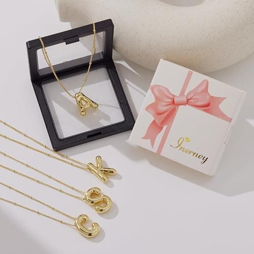 Inerney Gold Bubble Letter Necklace Initial Necklaces for Women, Chunky 14K Plated Balloon Initials, Trendy Charm Non Tarnish Custom Name Pendant Jewelry Gifts for Mom thumbnail 6