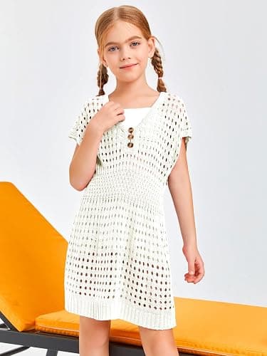 Haloumoning Girls Crochet Swim Beach Cover Up Kids Fashion Button Short Sleeve Swimsuits Cover Ups 5-14 Years thumbnail 4