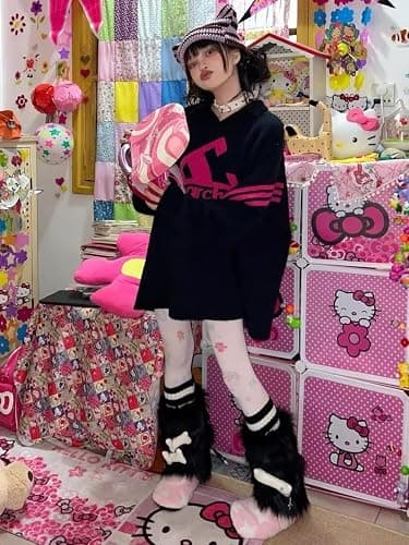 CHERSE Furry Leg Warmers for Women 3in1 Kawaii Star Bone Plush Y2K Leg Socks Pink Lolita Faux Fur 80s Harajuku Punk Gothic thumbnail 3