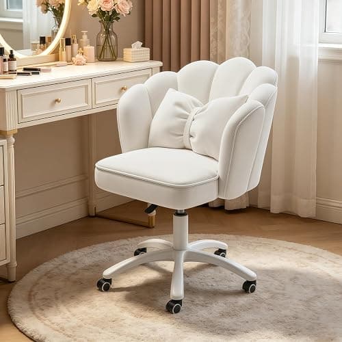 XUEGW Petal Desk Chair with Bow Cushion Velvet Vanity Chair with Wheels, Upholstered Home Office Chair for Girls Women, Mid-Back Swivel Computer Task Chairs for Living Room Bedroom - Image 1