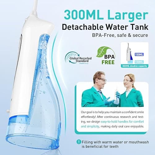 COSLUS Water Dental Flosser Teeth Pick: Portable Cordless Oral Irrigator 300ML Rechargeable Travel Irrigation Cleaner IPX7 Waterproof Electric Flossing Machine for Teeth Cleaning C20(F5020E) White thumbnail 3