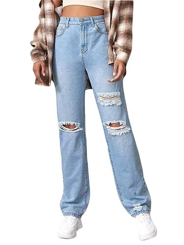 SweatyRocks Women's Ripped Straight Leg Jeans High Waist Distressed Cutout Denim Pants - Image 1