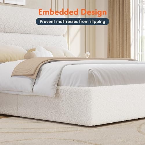 DICTAC California King Boucle Bed Frame with Headboard, Upholstered Platform Bed with Wood Slats, Soft Cloud Bed with Solid Wood Legs, No Box Spring Required, Easy Assembly, Cream thumbnail 9