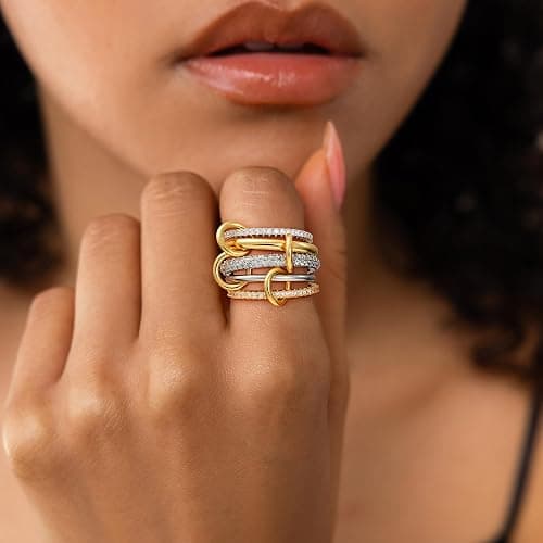 Eaciy Gold Stackable Rings for Women, 14K Gold Plated Cubic Zirconia Rings, Silver Gold Multi Ring Mixed Metals Stackable Ring Set for Women Non Tarnish thumbnail 4