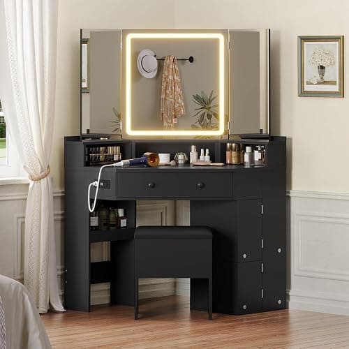 HAUOMS Corner Vanity Desk with Mirror Lights & Storage Bench, Black | Makeup Vanities with Drawers & Rotating Shelves, Power Outlet, 3 Light Settings, Dimmable for Women Girls thumbnail 6