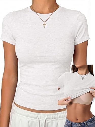 Danysu Nude Built in Bra Cotton Jersey T Shirt No See Through Stretchy Lightweight Fitted Everyday Basic Tops Gym Workout Tee - Image 1