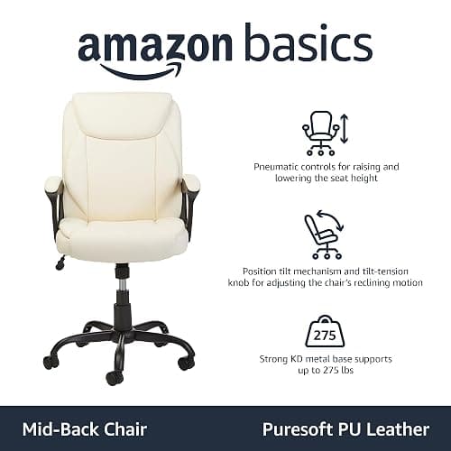Amazon Basics Classic Puresoft PU Padded Mid-Back Height Adjustable Office Computer Desk Chair with Armrest, 26"D x 23.75"W x 42"H, Cream thumbnail 4