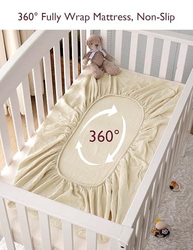 Momcozy Crib Sheets 52"x28", 2 Pack Muslin Crib Sheets for Baby Nursery | Soft Breathable Cotton Crib Sheets Girl Boys, 360° Mattress Wrapping No Slip Baby Neutral Toddler Bed Sheet, Beige Blush thumbnail 7