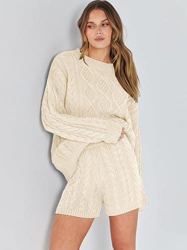 ANRABESS Women 2 Piece Outfits Sweater Lounge Loungewear Sets 2025 Winter Cable Knit Oversized Sweaters Shorts Matching Sets thumbnail 8