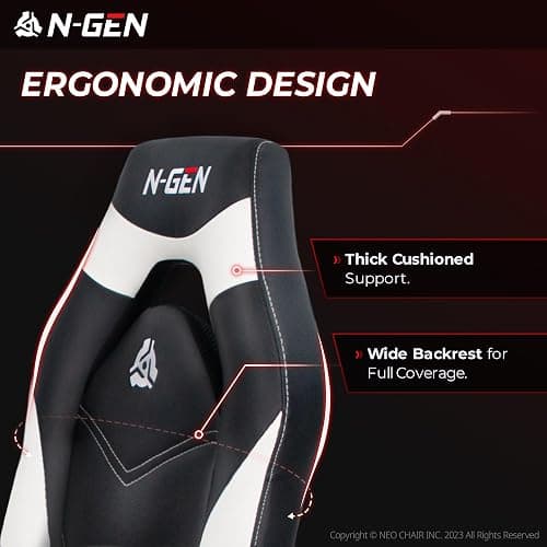 N-GEN Gaming Gaming Chair, Lumbar, PU Leather, Flip-Up Arms, White | Ergonomic High-Back Design, Adjustable Height with 360° Swivel Wheels, Comfortable Computer Desk Seating for Office and Home thumbnail 4