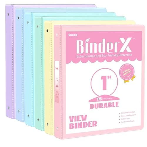 6 Pack Extra Durable 3 Ring Binders 1 inch, Sooez 1” Three Round Ring Binders with Pockets, Cute Customizable Clear View Cover for 8.5 x 11'' Letter Size Papers, Pastel School Office Supplies for Girl - Pastel - 1 Inch