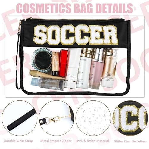 BuyCard 2 Pcs Soccer Gifts Makeup Bag with Chenille Letter Patch, Clear Cosmetic Pouch PVC Organizer Purse, Waterproof Travel Bag, Portable Toiletry Storage Bag for Her Girls Friends Women thumbnail 4