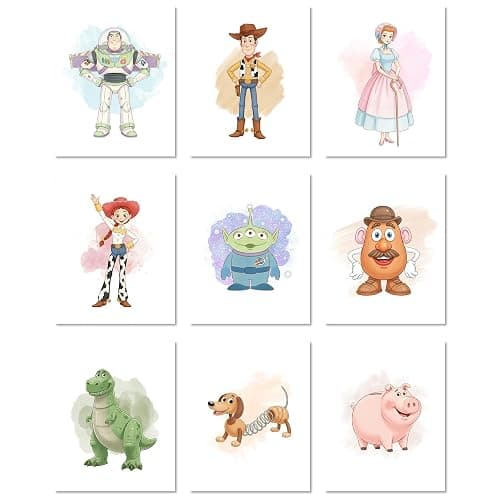 9 Pack Toy Story Nursery Decor, Buzz Lightyear Wall Art, Woody Cowboy Poster Character Watercolor Prints, Playroom Wall Decor, Space Ranger Prints, Unframed (8x10") - Image 1