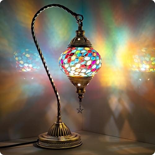 Yarra-Decor Turkish Moroccan Lamp with Bronze Base 3-Way Color Changing Handmade Swan Neck Tiffany Mosaic Glass Bedside Lamps for Bedroom (LED Bulb Included) (Colorful3) - Image 1