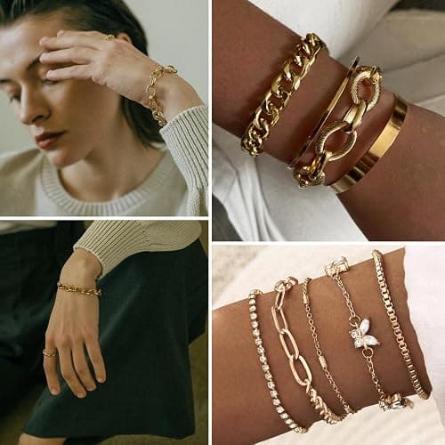 17IF 18-25 PCS(6 Pack) Boho Gold Bracelets Set for Women Stackable Chunky Dainty Bangles Adjustable Chain Flat Cuff Cuban Punk Charm Bundle Jewelry thumbnail 3