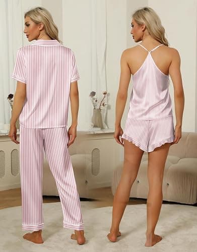 SAPJON Silk Pajamas for Women Set 4Pcs Ruffled Satin Pajamas Set Button Down Short Sleeve Cami Shorts Sleepwear Pj Set thumbnail 5