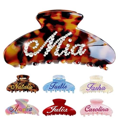 Personalized Colorful Name Hair Claw Clips for Women,Custom Hair Clips with Diamond,Cute Hair Accessories 4",Handmade Rhinestones Hair Clamp Gifts for Mom,Bride,Wife,Bridesmaid,Couples(Tortoise) - Image 1