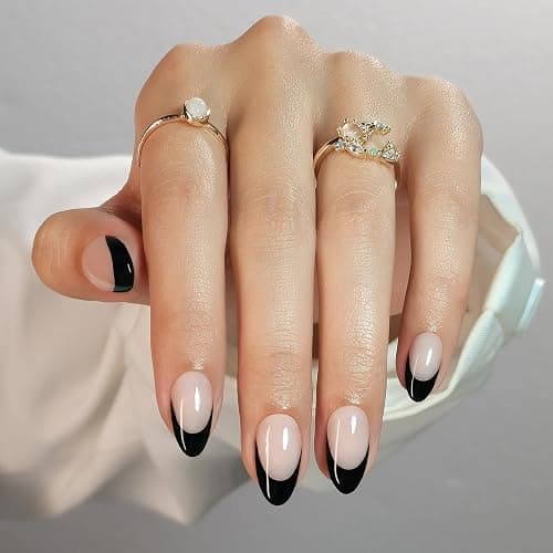 SHANGMENG Black French Tip Press on Nails Almond - Soft Gel Short Press on Nails for Women Gift, Fit Perfectly & Natural Reusable Stick on Nails in 16 Sizes - 32 Fake Nails with Glue, French Black thumbnail 9