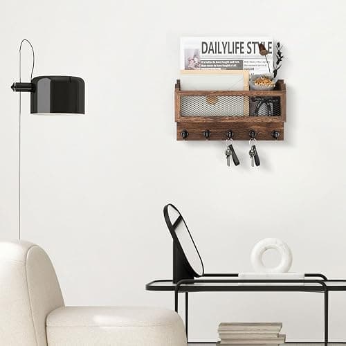 Nekon Mail and Key Holder for Wall Decorative, 11 Inch Mail Holder, Brown | Wooden Wall Key Organizer with 5 Key Hooks, Wall Mount Storage Shelf for Entryway Hallway thumbnail 2