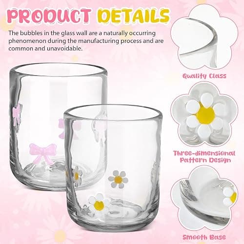 Skylety 2 Pack Icon Juice Glass Cup Pink Bow Coquette Daisy Flower Cup 14 oz Aesthetic Double Vintage Glasses for Valentine Gifts Woman Friend Summer Party Scotch Cocktail Juice Drinks Party Favors thumbnail 4