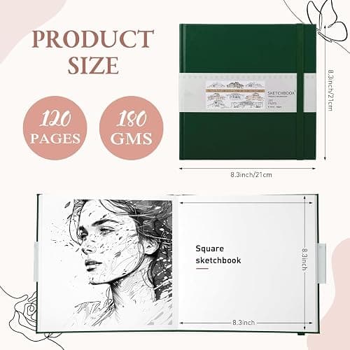 Moinchore Back to School Gifts Square Sketchbook 8 x 8 Inch Hardcover Art Sketch Book Drawing Papers 120 Pages, Mixed Media Journal Notebook with Elastic Closure Sketchbook for Drawing(Green) thumbnail 2