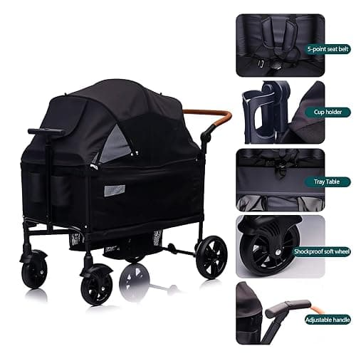 Luxury Wagon Stroller for 2 Kids & Cargo-Lightweight Foldable Travel Push Pull All-Terrain Double Wagon for Newborn&Toddler with 5-Point Harness,Adjustable Handle, Canopy,Tray Table,Cup Holder thumbnail 5