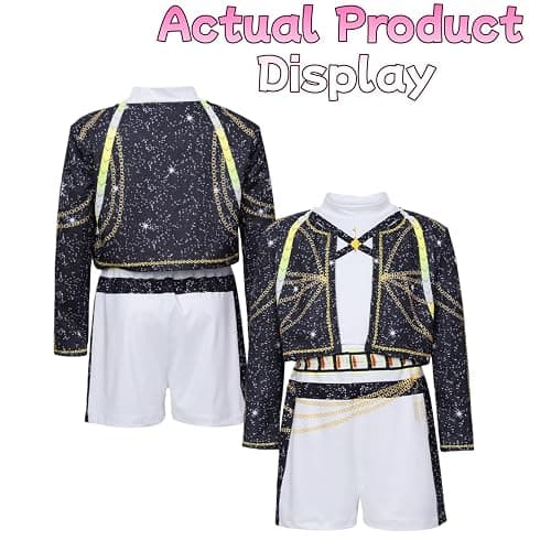 SAVITO Pop Idol Cosplay Costume Popular Singers Stage Costumes for Ages 3-12 Black Printed Costumes Black B thumbnail 2