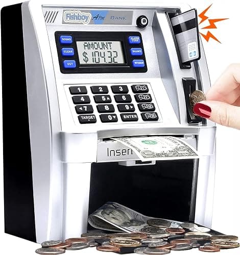 Fishboy ATM Piggy Bank for Kids with Power-Off Memory and Debit Card for Real Money, Onekey Shutdown, Coin Recognition, Target Setting, Bill Feeder, Balance Calculator, Savings Machine Box - Image 1