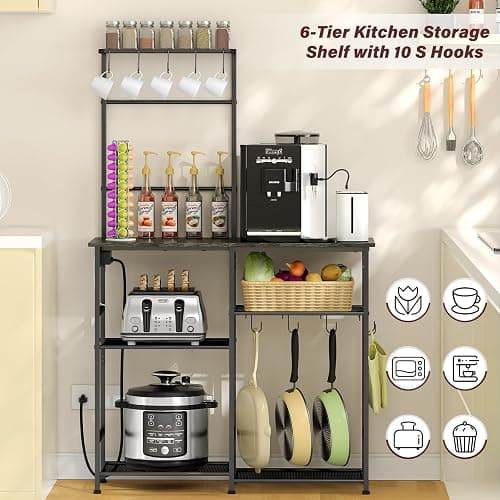 3IngSeagulls Bakers Rack with Power Outlet, Kitchen Microwave Stand with 10 S-shaped Hooks, 6-Tier Coffee Bar Station, Kitchen Storage Shelf Rack for Spices, Pots, Gray thumbnail 4