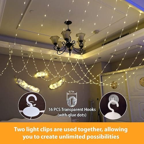 HXWEIYE 300LED Fairy Curtain Lights, 9.8x9.8Ft USB, Remote, Tangle-Free | 8 Modes & Timer, Dimmable, Christmas String Hanging Lights for Bedroom, Wedding Backdrop and Indoor Wall Decor, Warm White thumbnail 4