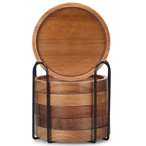 6 Pcs Best Wooden Coasters with Holder Coffee Table Decor Acacia Wood Coaster Set Modern Cup Coaster for Drink Home Dining Table Kitchen Accessories Cute Beer Bar Decorative Rustic Outdoor Coasters thumbnail 6