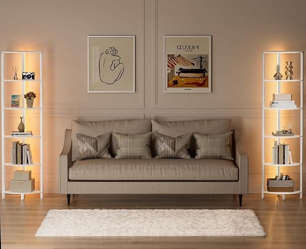 Furnulem 6 Tier Corner Shelf with LED Light, 67.5” Tall Standing Shelf Organizer, White Narrow Bookshelf with Storage Rack for Wall Corner, Living Room, Bedroom, Metal Frame, Wood Display Shelf thumbnail 7