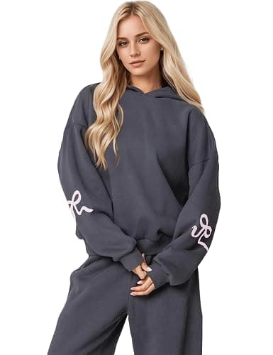 OLAPTA Women Oversized Bow Trim Print Hoodies Long Sleeve Fleeced Casual Graphic Pullover Trendy Fall Hooded Sweatshirts Top - Image 1