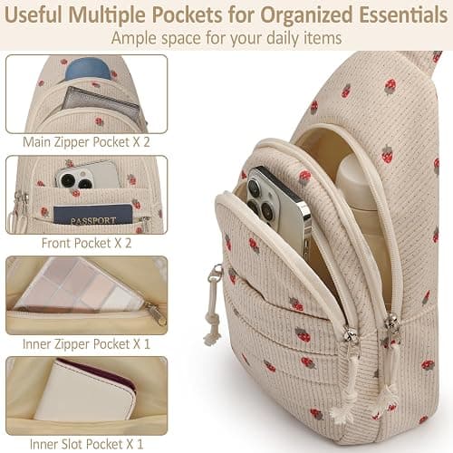 ELONGRIVER Corduroy Small Crossbody Bags for Women Teen Girls Trendy, Cute Sling Bag for Girls Travel Hiking, Beige Strawberry thumbnail 4