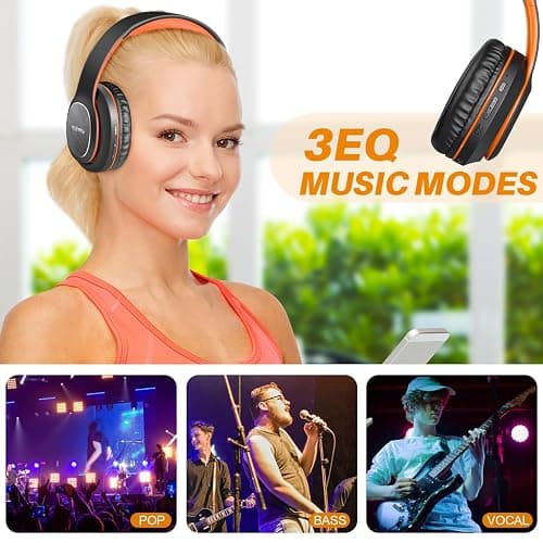 WorWoder Wireless Headphones Over Ear, 80 Hours Playtime Bluetooth Headphones, Hi-Fi Stereo Sound with Microphone, Lightweight Headset with Deep Bass for Travel Work PC Cellphone（Black-Orange） thumbnail 3